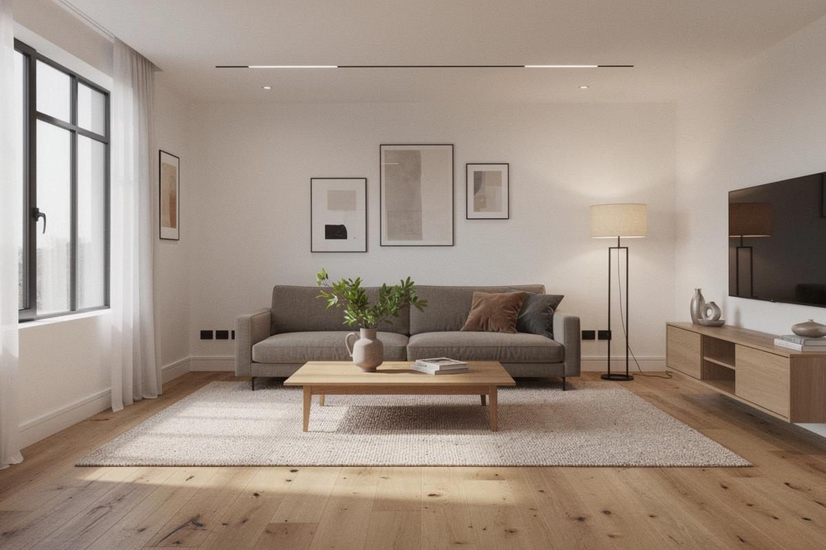 After improvement in a living room: updated lighting, layout, and finish specs